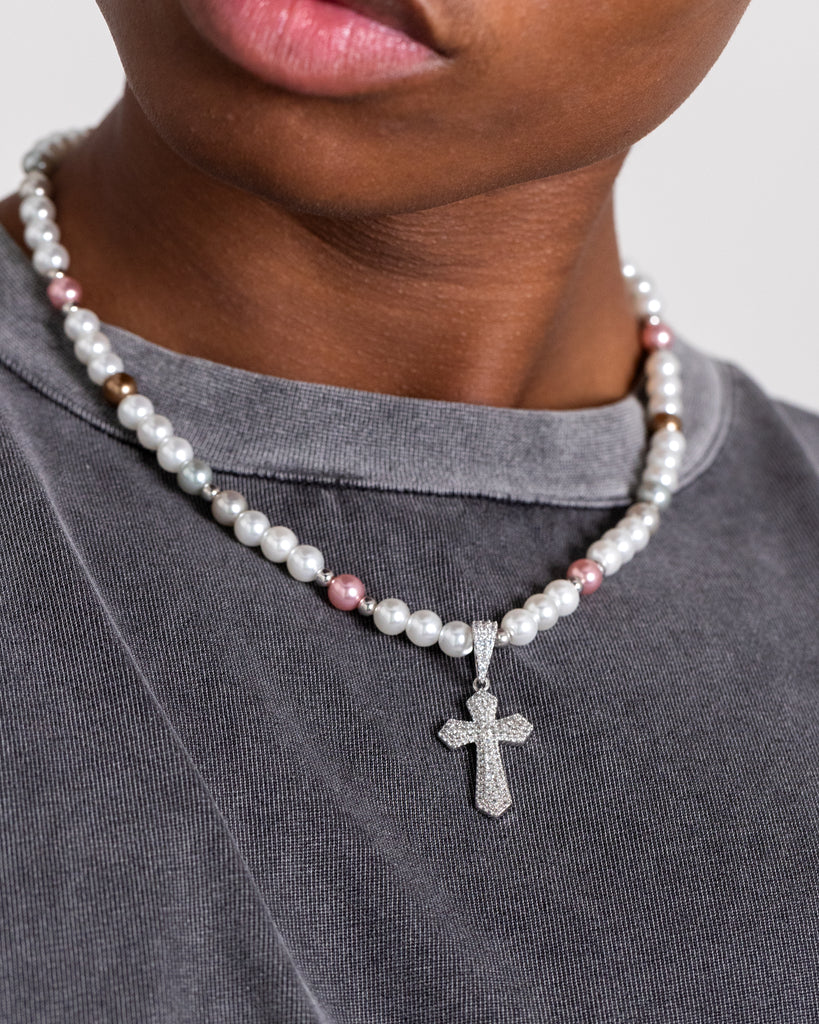 NXS Coloured Cross Pearl Necklace Multi/White | Culture Kings