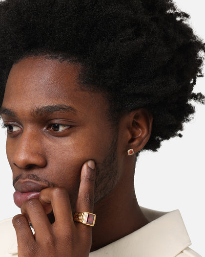 Saint Morta Mini Round Cut Halo Earrings Gold/Garnet