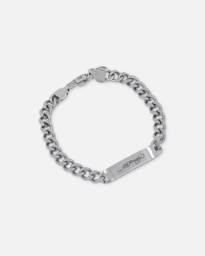 Ed Hardy Scroll Logo Curb Chain Bracelet Silver