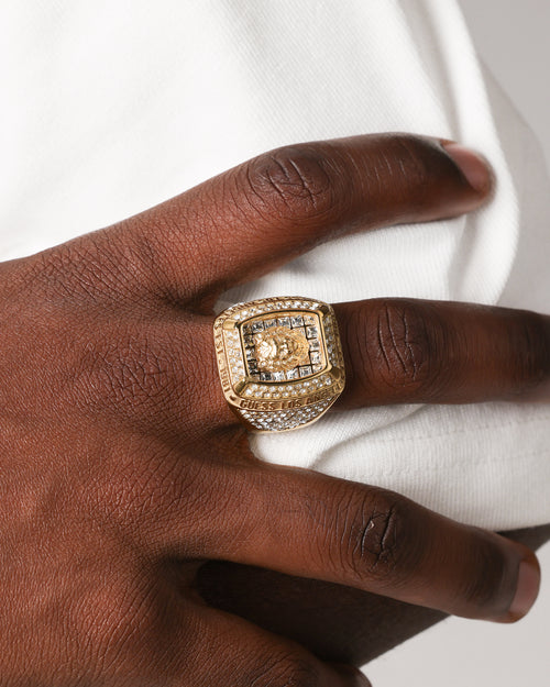 Guess Mainline 14mm Lion Pave Signet Ring Gold