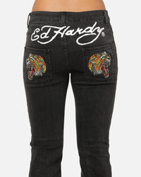 Ed Hardy Women's Tiger Bootcut Jeans Washed Black