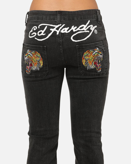 Ed Hardy Women's Tiger Bootcut Jeans Washed Black