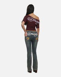 Ed Hardy Women's Off Shoulder T-Shirt Plum