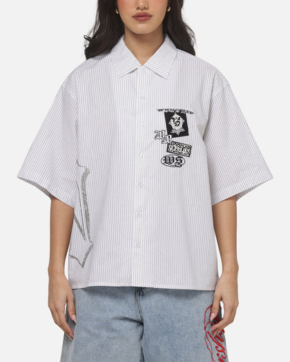Worship Restraint Box Crop Shirt White Pinstripe