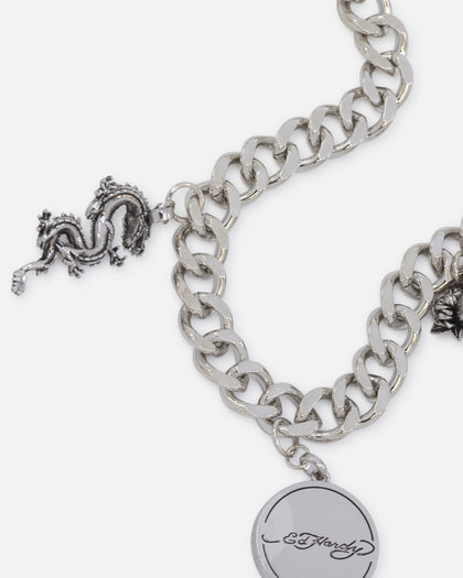 Ed Hardy Multi Charm Cuban Chain Necklace Silver
