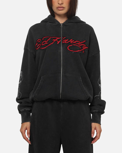 Ed Hardy Women's Rose Zip Hoodie Washed Black