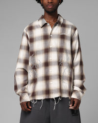 Loiter Heaven Distressed Flannel Button Up Shirt Brown/Beige