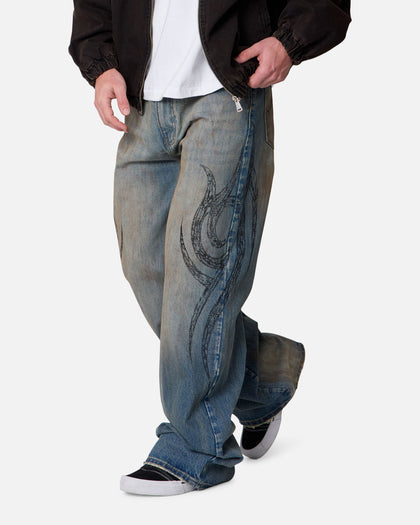 MNML Ultra Wide Tribal Denim Jeans Medium Blue