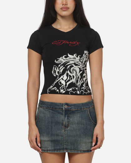 Ed Hardy Women's Stallion V Neck Baby T-Shirt Black
