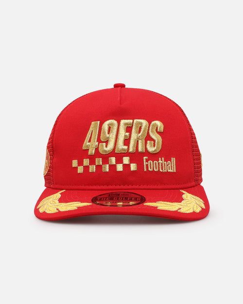 New Era San Francisco 49ers 'Podium Collection' Pre-Curved Golfer Trucker Snapback Scarlet/Metallic Gold