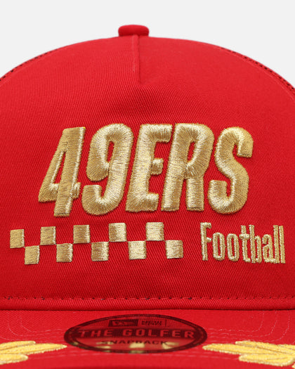 New Era San Francisco 49ers 'Podium Collection' Pre-Curved Golfer Trucker Snapback Scarlet/Metallic Gold