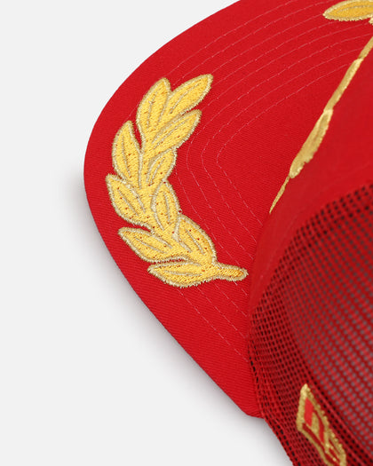 New Era Los Angeles Dodgers 'Podium Collection' Pre-Curved Golfer Trucker Snapback Scarlet/Metallic Gold