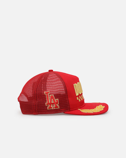New Era Los Angeles Dodgers 'Podium Collection' Pre-Curved Golfer Trucker Snapback Scarlet/Metallic Gold