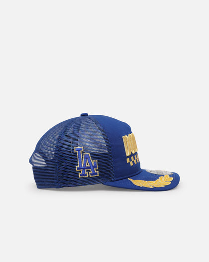 New Era Los Angeles Dodgers 'Podium Collection' Pre-Curved Golfer Trucker Snapback Light Royal/Metallic Gold