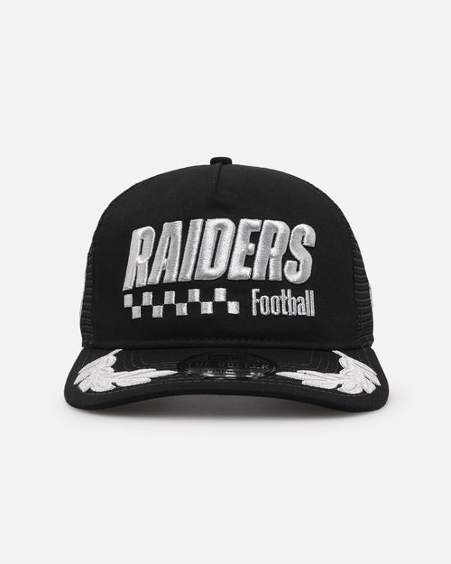 New Era Las Vegas Raiders 'Podium Collection' Pre-Curved Golfer Trucker Snapback Light Royal/Metallic Gold