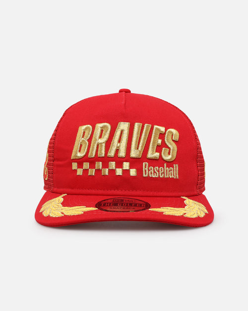 New Era Atlanta Braves 'Podium Collection' Pre-Curved Golfer Trucker Snapback Scarlet/Metallic Gold