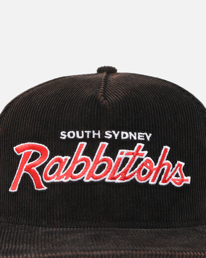 New Era South Sydney Rabbitohs 'NRL Golfer Washed Black' Pre-Curved Corduroy Golfer Snapback Washed Black