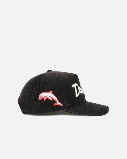 New Era Dolphins 'NRL Golfer Washed Black' Pre-Curved Corduroy Golfer Snapback Washed Black