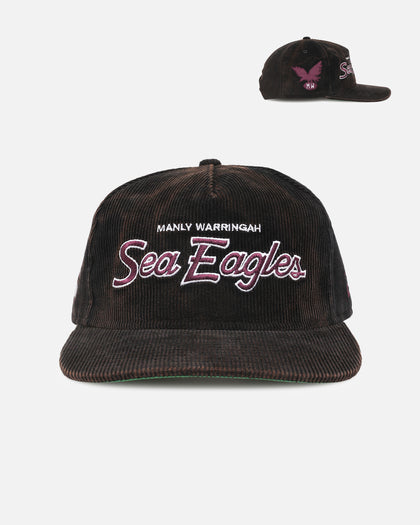 New Era Manly Warringah Sea Eagles 'NRL Golfer Washed Black' Pre-Curved Corduroy Golfer Snapback Washed Black