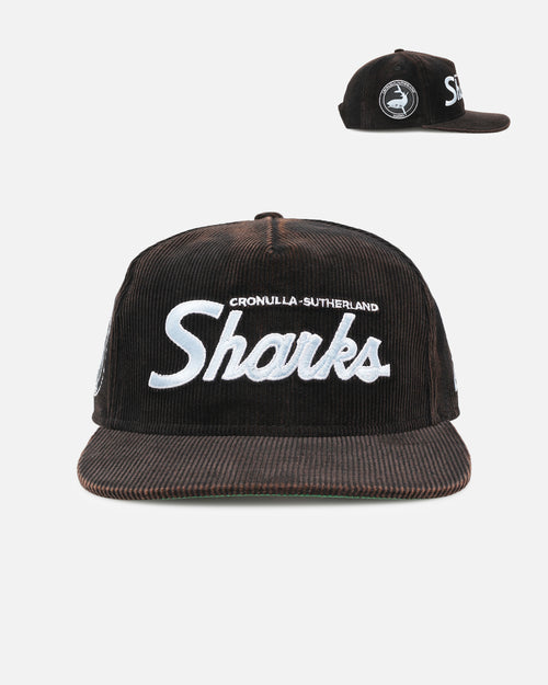 New Era Cronulla Sutherland Sharks 'NRL Golfer Washed Black' Pre-Curved Corduroy Golfer Snapback Washed Black