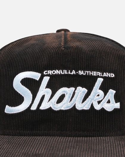 New Era Cronulla Sutherland Sharks 'NRL Golfer Washed Black' Pre-Curved Corduroy Golfer Snapback Washed Black