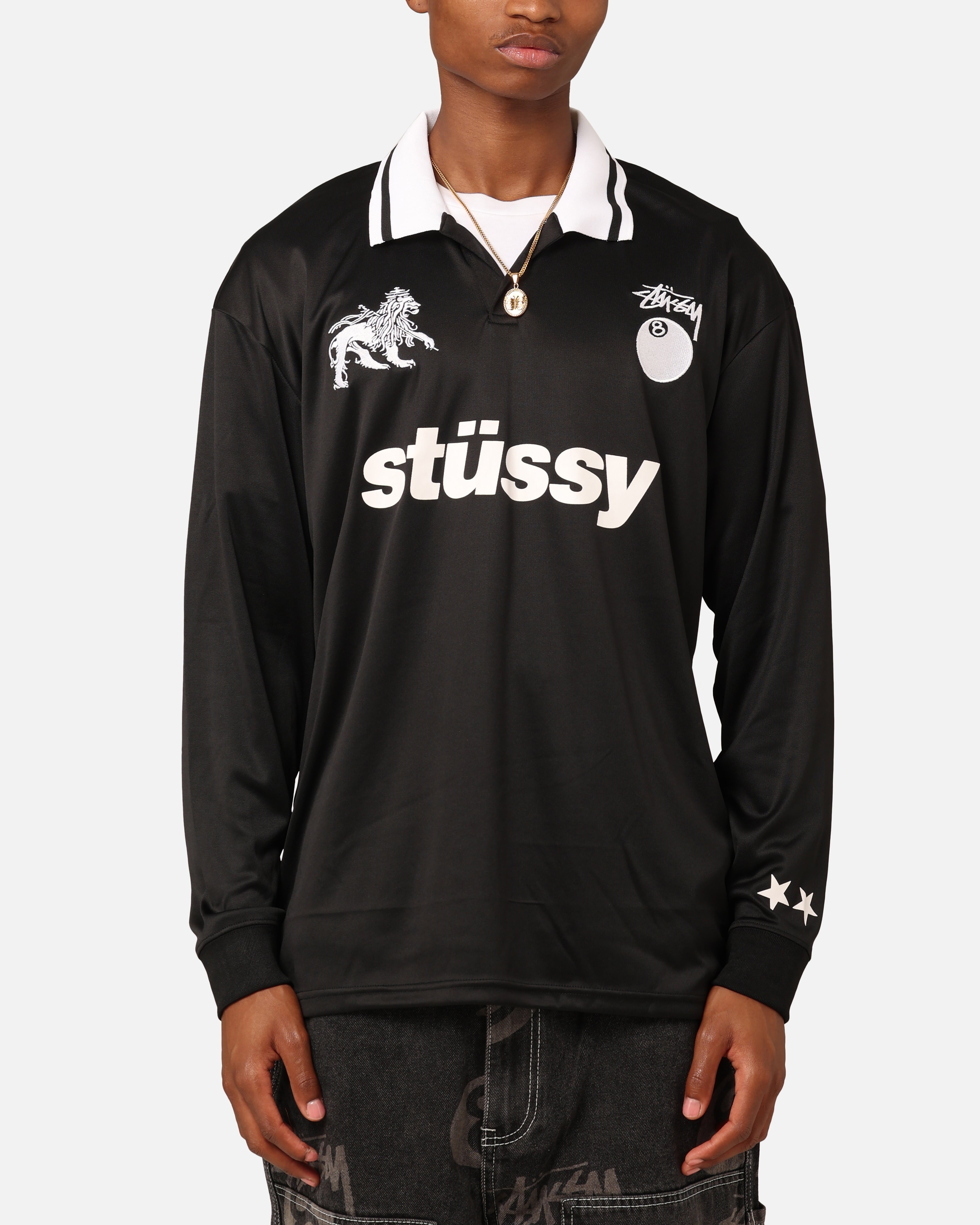 Stüssy Football Polo Long Sleeve T-Shirt Black | Culture Kings