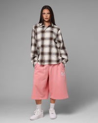 Loiter Heaven Distressed Flannel Button Up Shirt Brown/Beige