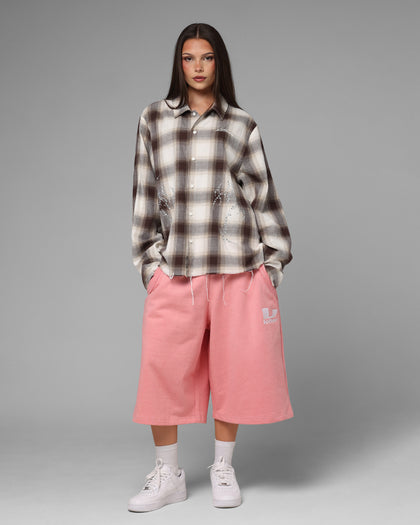Loiter Heaven Distressed Flannel Button Up Shirt Brown/Beige