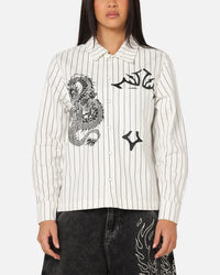 Ed Hardy Euro Button Up Shirt White Pinstripe