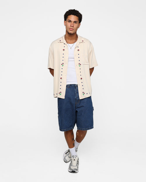 X-Large Flower Open Collar Short Sleeve Shirt Off White