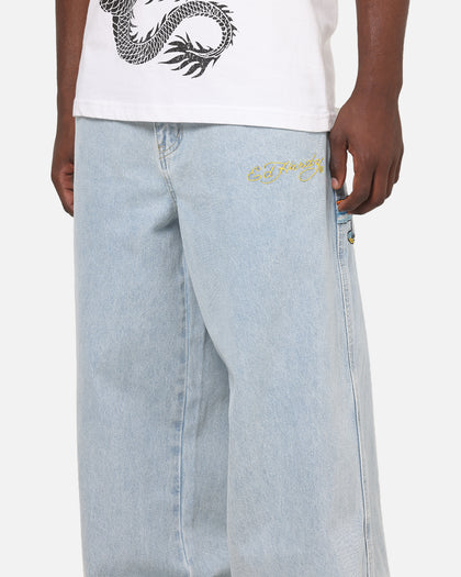 Ed Hardy Dragon Ultra Wide Leg Jeans Light Wash Blue