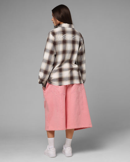 Loiter Heaven Distressed Flannel Button Up Shirt Brown/Beige
