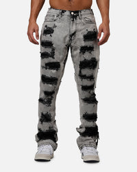 MNML B668 Rock Distress Flare Denim Jeans Light Grey