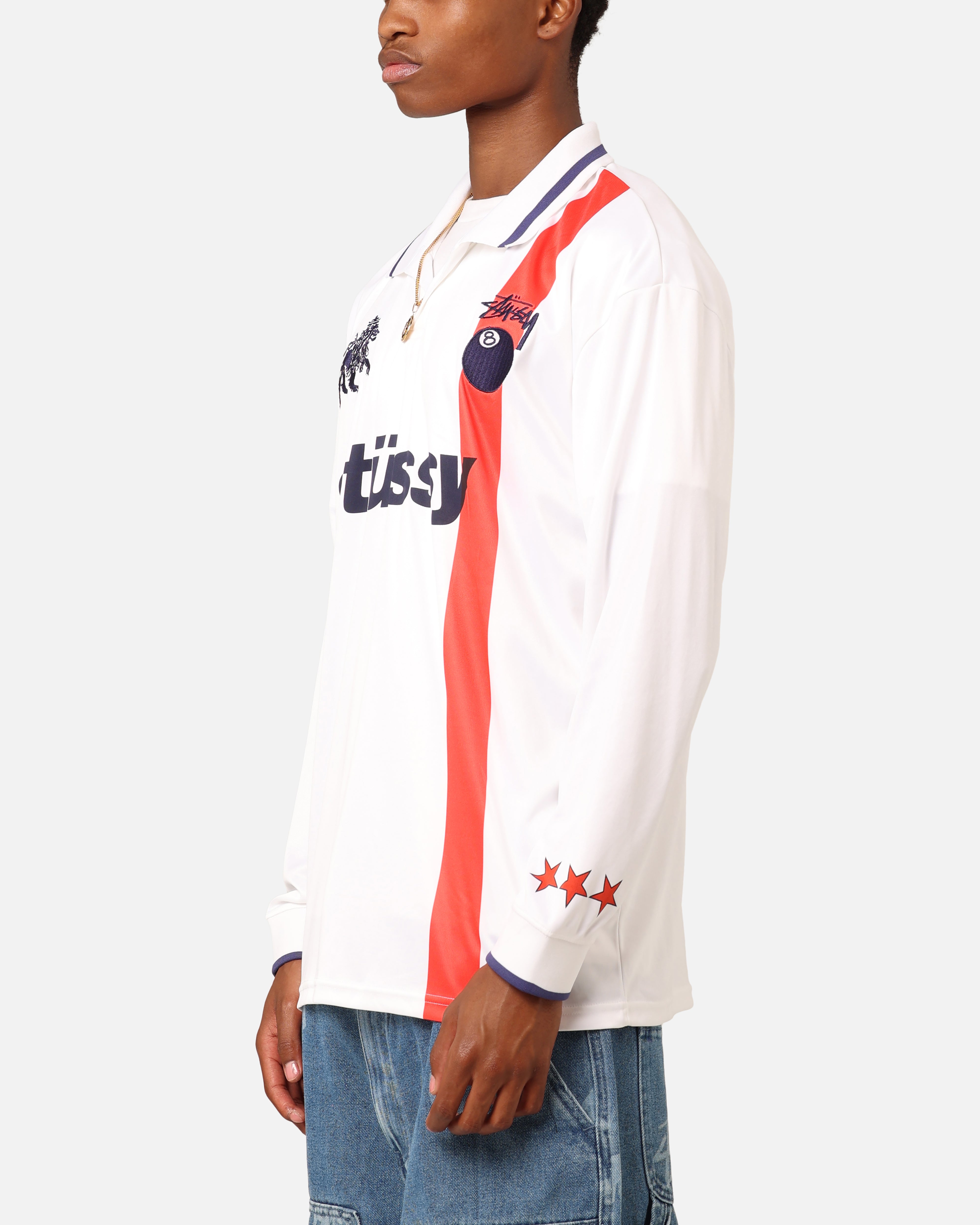 Stüssy Football Polo Long Sleeve T-Shirt White/Red Stripe