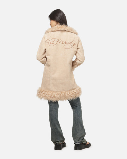 Ed Hardy Women's Fur Longline Coat Camel