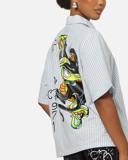 Ed Hardy Panther Button-Up Shirt Blue Pin Stripe