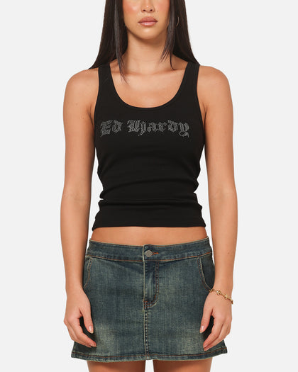 Ed Hardy Women's Rhinestone Logo Tank Black