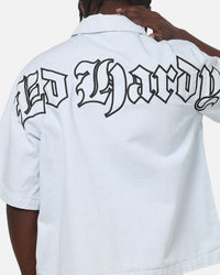 Ed Hardy Ghost Tattoo Button Up Shirt Blue Pinstripe