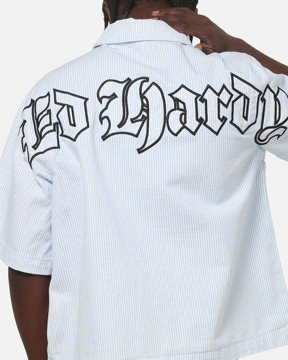 Ed Hardy Ghost Tattoo Button Up Shirt Blue Pinstripe