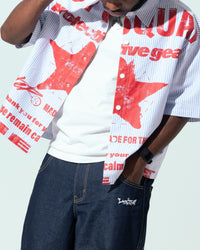 Loiter Riot Squad Button Up T-Shirt Blue Pin Stripe
