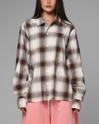 Loiter Heaven Distressed Flannel Button Up Shirt Brown/Beige