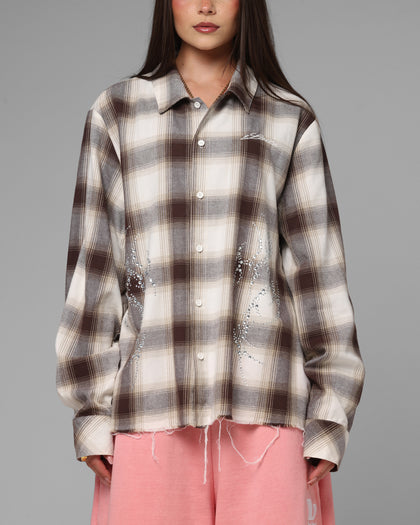 Loiter Heaven Distressed Flannel Button Up Shirt Brown/Beige