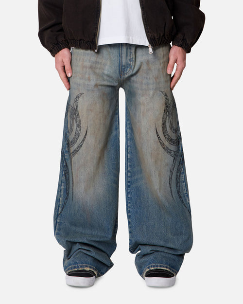 MNML Ultra Wide Tribal Denim Jeans Medium Blue