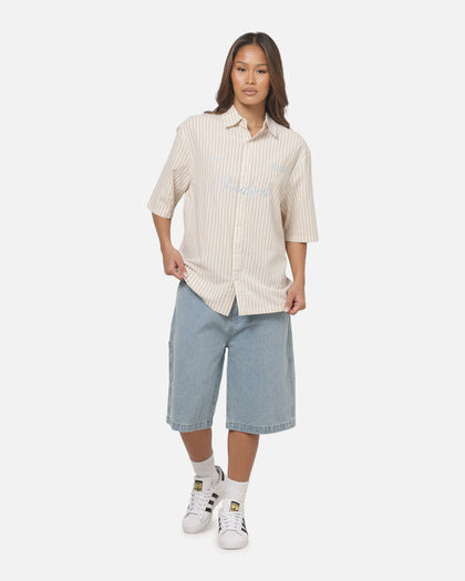 Vouseti Full Court Button Up Shirt Latte White Stripe