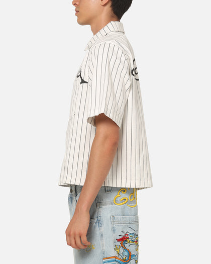 Ed Hardy Euro Short Sleeve Button Up Shirt White Pinstripe