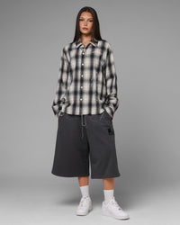 Loiter Heaven Distressed Flannel Button Up Shirt Black/White