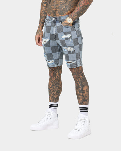 Saint Morta Vintage Checks Denim Shorts Stone Wash Blue
