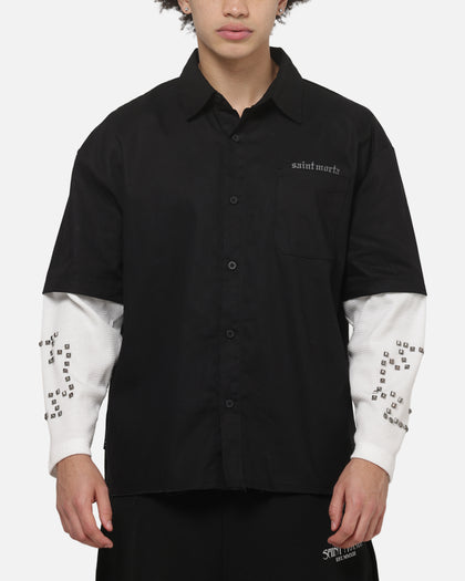 Saint Morta Marked Layered Long Sleeve Button Up Shirt Black/White