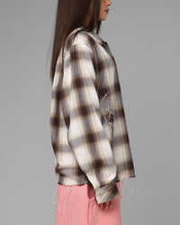 Loiter Heaven Distressed Flannel Button Up Shirt Brown/Beige