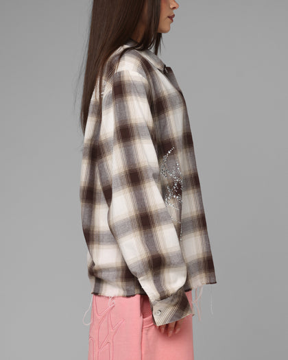 Loiter Heaven Distressed Flannel Button Up Shirt Brown/Beige